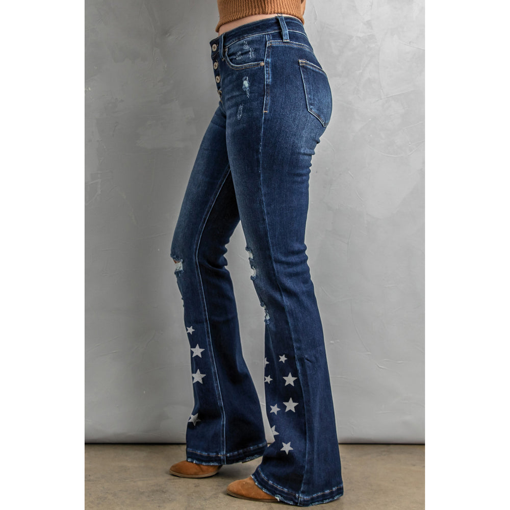 Womens Blue Stars Print Distressed Button Fly High Waist Flare Jeans Image 2