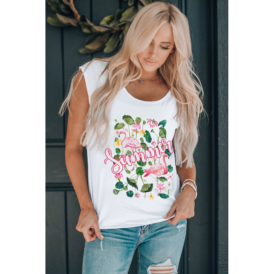 Womens White Summer Flamingo Floral Print Crew Neck T Shirt Image 1