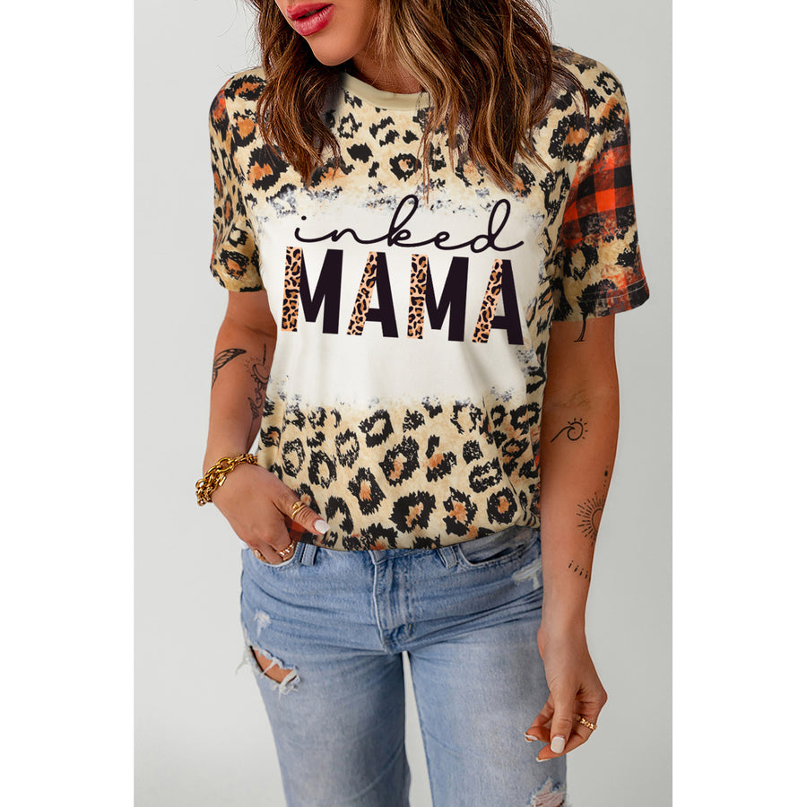 Womens Leopard inked MAMA Leopard Plaid Print T Shirt Image 1