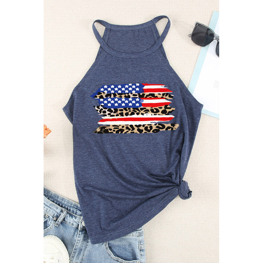 Womens Blue US Flag Leopard Printed Crew Neck Tank Top Image 1