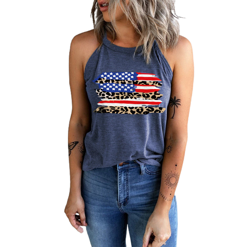 Womens Blue US Flag Leopard Printed Crew Neck Tank Top Image 2