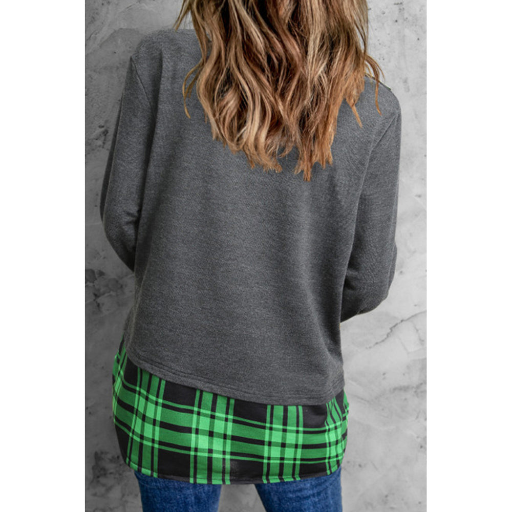 Womens Black Lucky Plaid Print Patchwork Long Sleeve Top Image 2