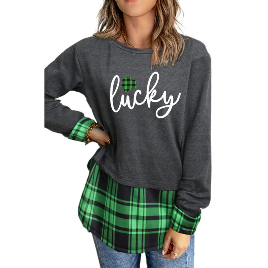 Womens Black Lucky Plaid Print Patchwork Long Sleeve Top Image 1
