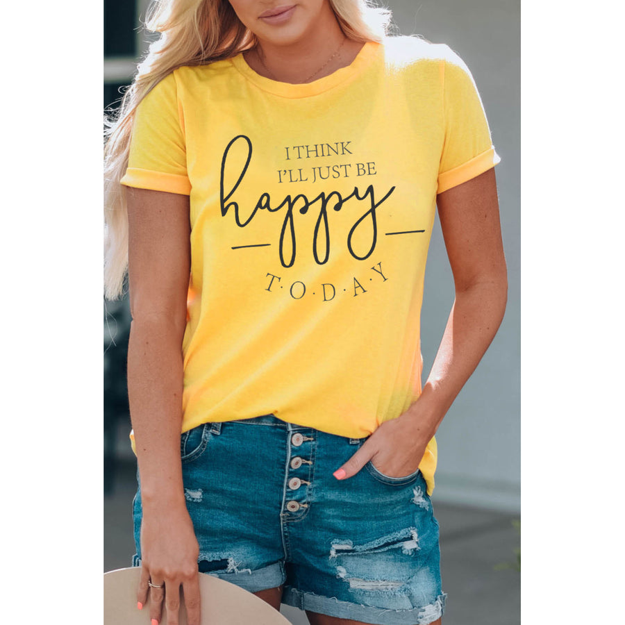 Womens Yellow Happy Letter Printed Crewneck Short Sleeve T Shirt Image 1