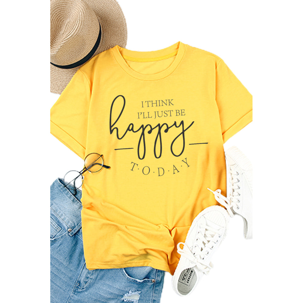Womens Yellow Happy Letter Printed Crewneck Short Sleeve T Shirt Image 2