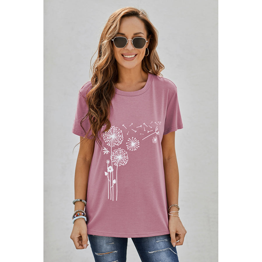 Womens Pink Crew Neck Dandelion Print T-shirt Image 1