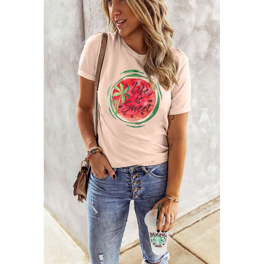 Womens Pink Watermelon Letter Printed Short Sleeve Graphic Tee Image 1
