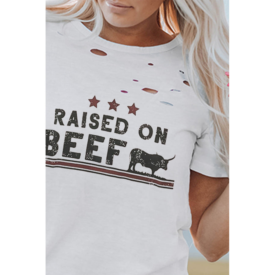 Womens White Raised on Beef Western Graphic Ripped Shirt Image 1