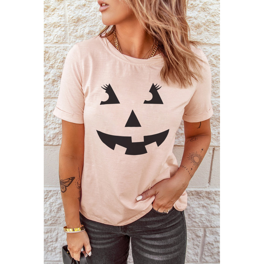 Womens Pink Halloween Funny Face Print Short Sleeve T Shirt Image 1