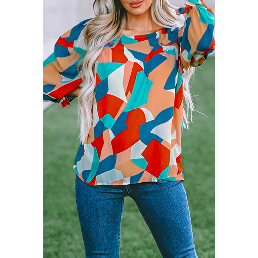 Womens Multicolor Abstract Pattern Crewneck Ruffled Puff Sleeve Blouse Image 1