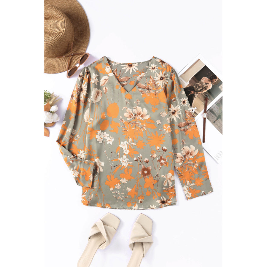 Womens Green Floral Print Long Sleeve V Neck Blouse Image 1