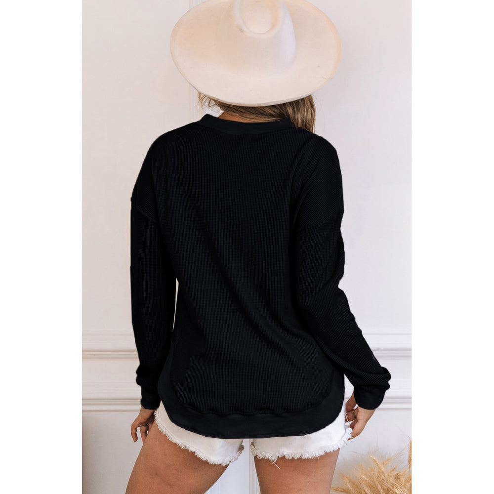 Womens Black Crew Neck Ribbed Trim Waffle Knit Top Image 2