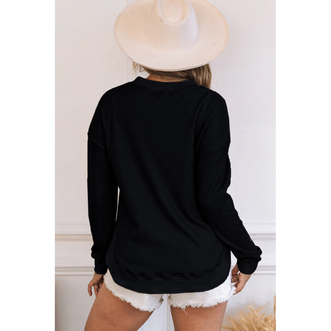 Womens Black Crew Neck Ribbed Trim Waffle Knit Top Image 1
