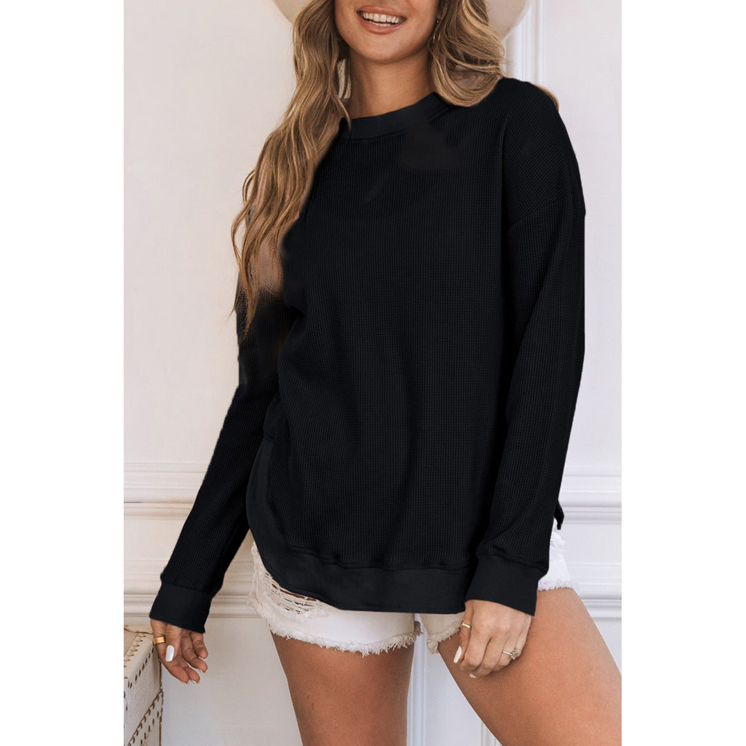 Womens Black Crew Neck Ribbed Trim Waffle Knit Top Image 3
