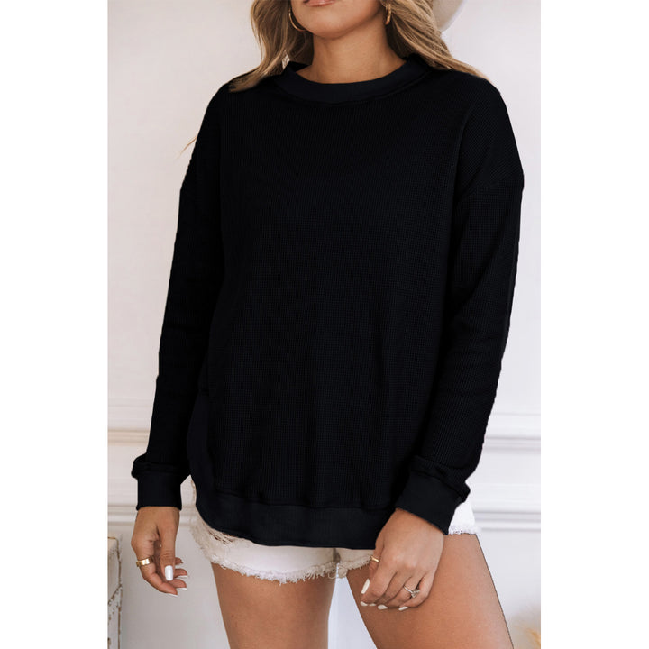 Womens Black Crew Neck Ribbed Trim Waffle Knit Top Image 4