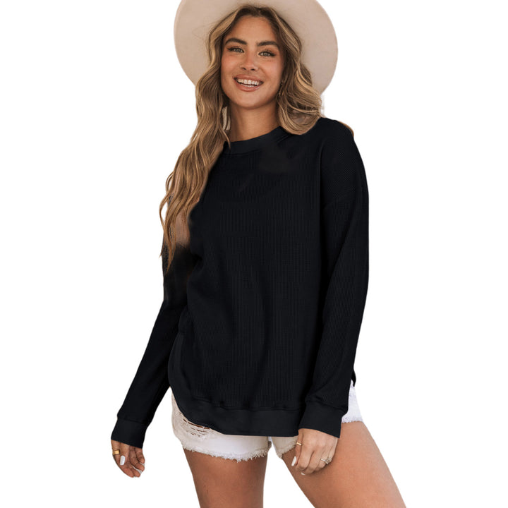 Womens Black Crew Neck Ribbed Trim Waffle Knit Top Image 6