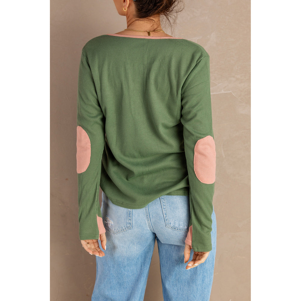 Womens Contrast Elbow Patch Green Long Sleeve Top Image 2