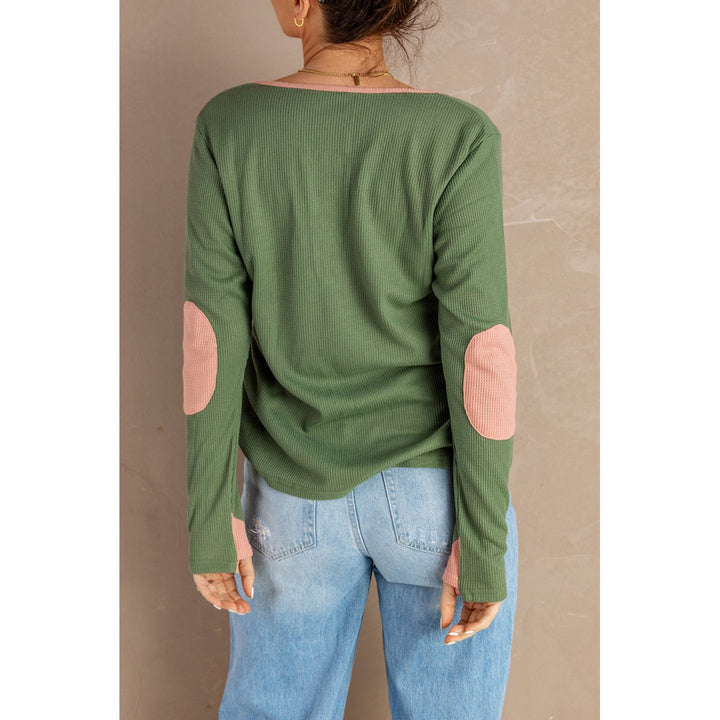 Womens Contrast Elbow Patch Green Long Sleeve Top Image 1