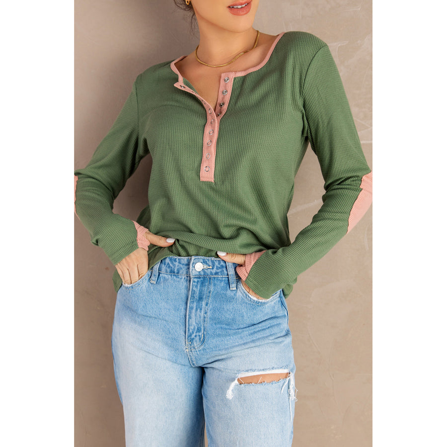 Womens Contrast Elbow Patch Green Long Sleeve Top Image 1