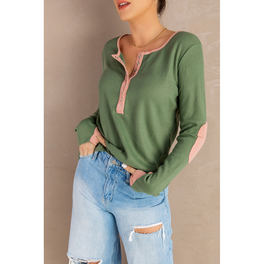 Womens Contrast Elbow Patch Green Long Sleeve Top Image 3