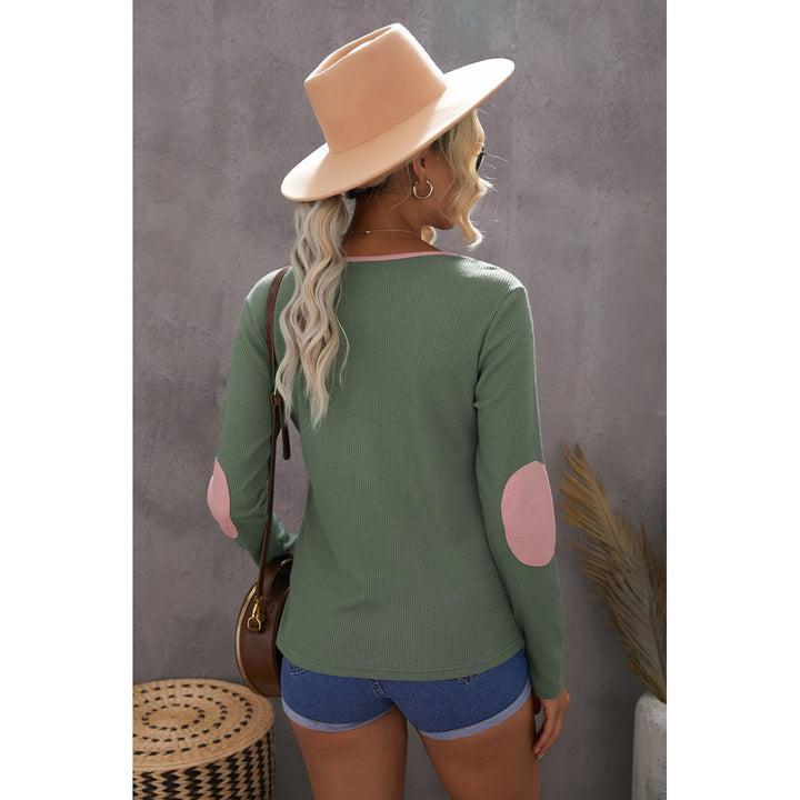 Womens Contrast Elbow Patch Green Long Sleeve Top Image 4