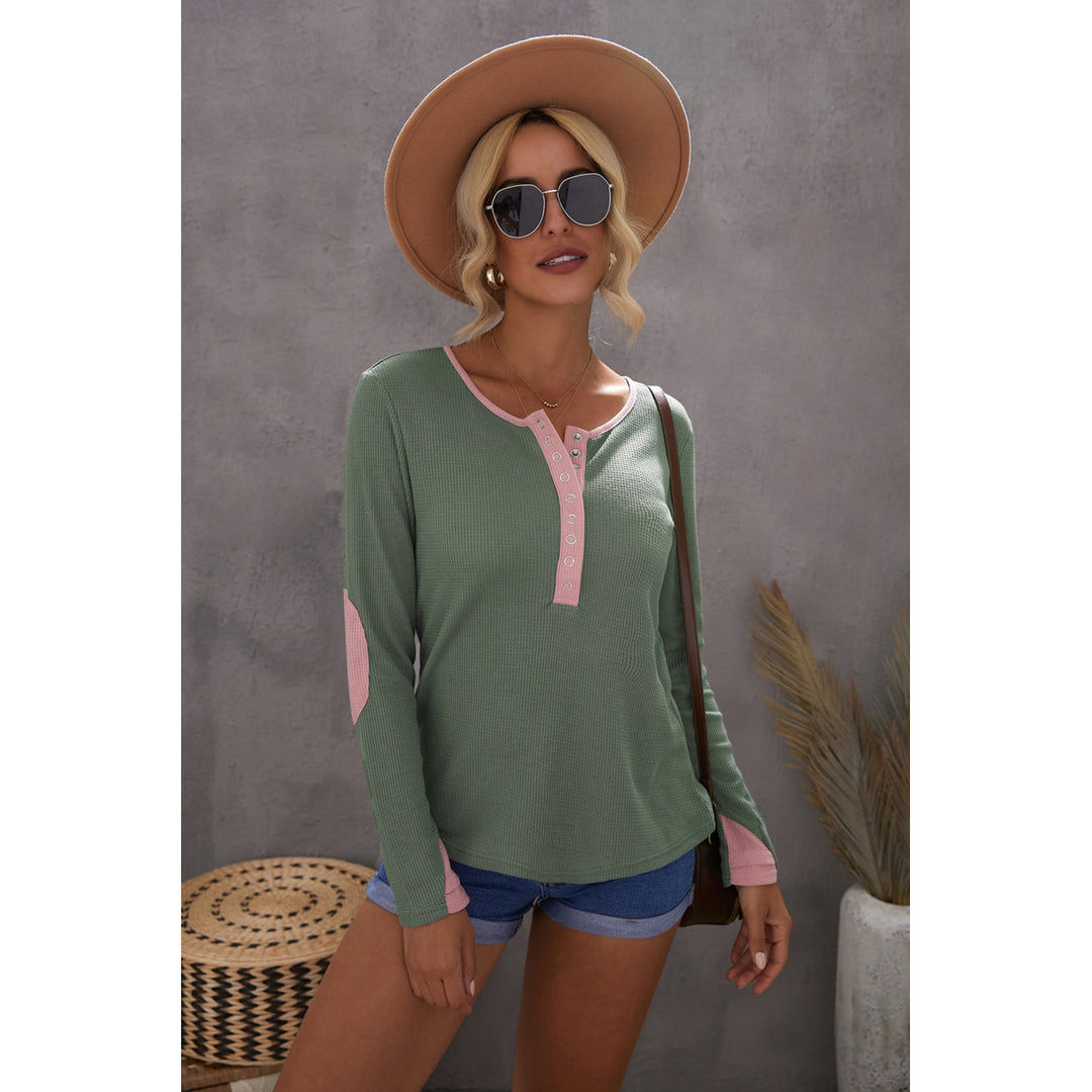 Womens Contrast Elbow Patch Green Long Sleeve Top Image 8