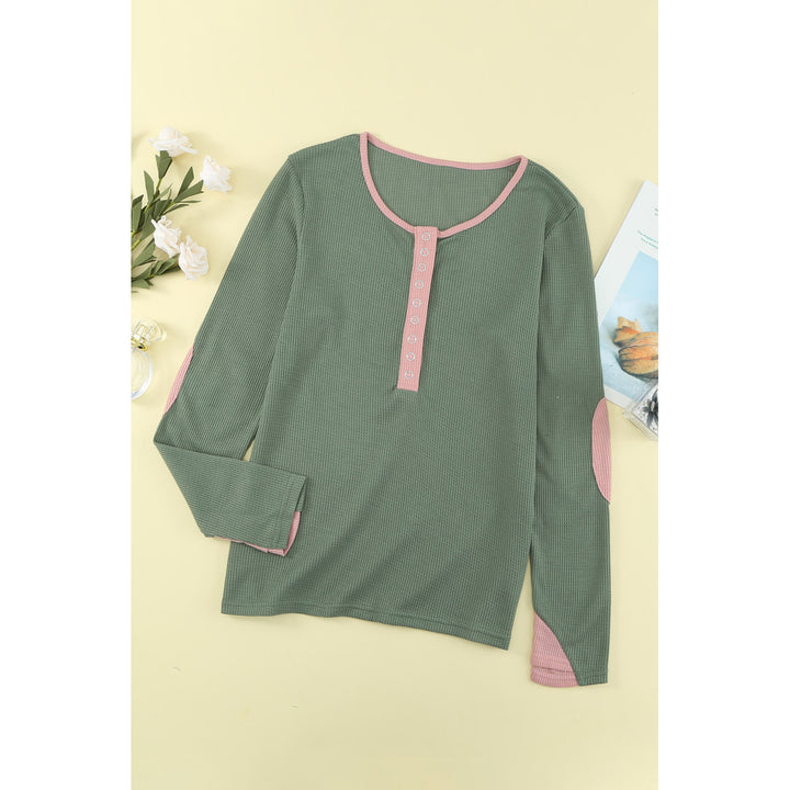 Womens Contrast Elbow Patch Green Long Sleeve Top Image 9