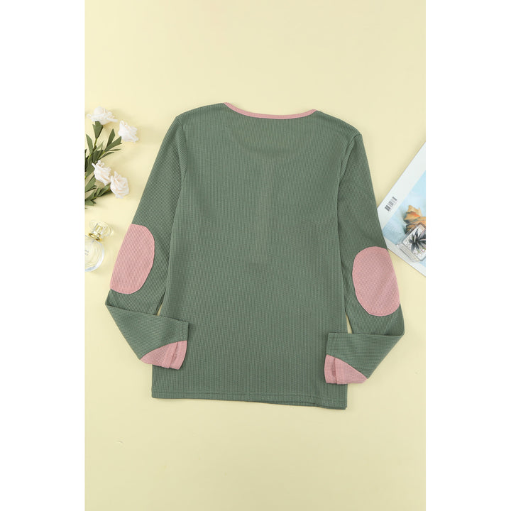 Womens Contrast Elbow Patch Green Long Sleeve Top Image 10