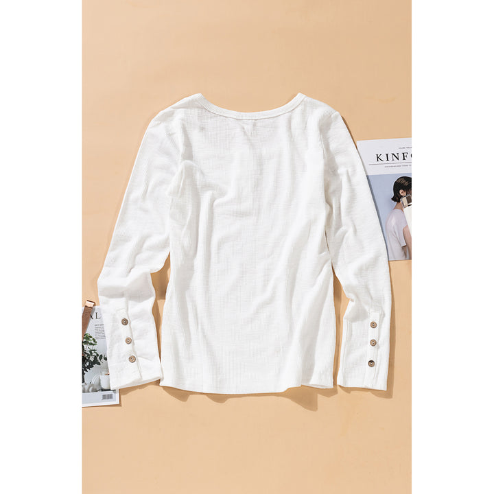 Womens White Crewneck Buttons Ribbed Knit Long Sleeve Top Image 8