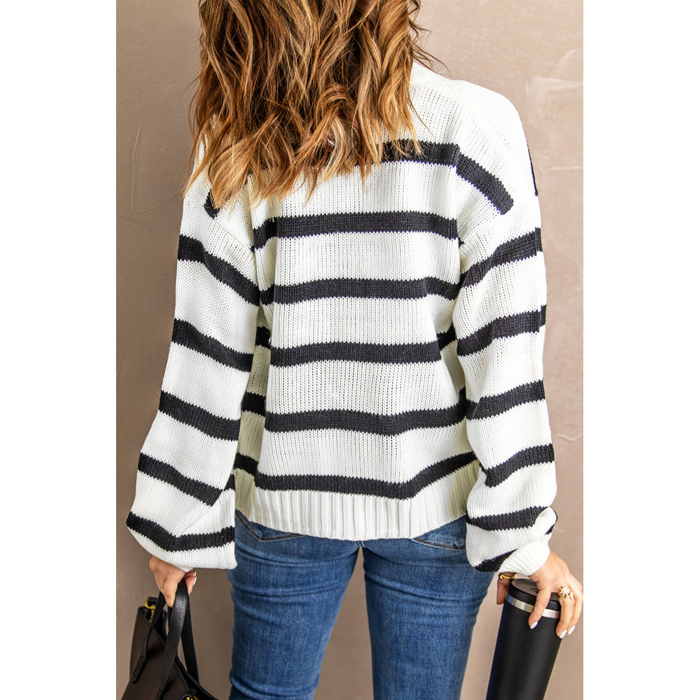 Womens Striped V-Neck Buttoned Open Front Knitted Sweater Image 2