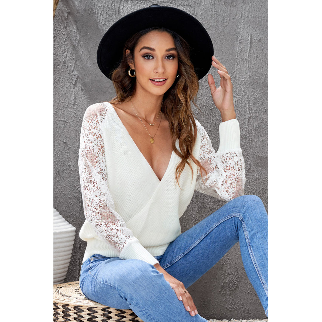 Womens White Sexy V Neck Surplice Hollow-out Sweater with Lace Sleeves Image 8