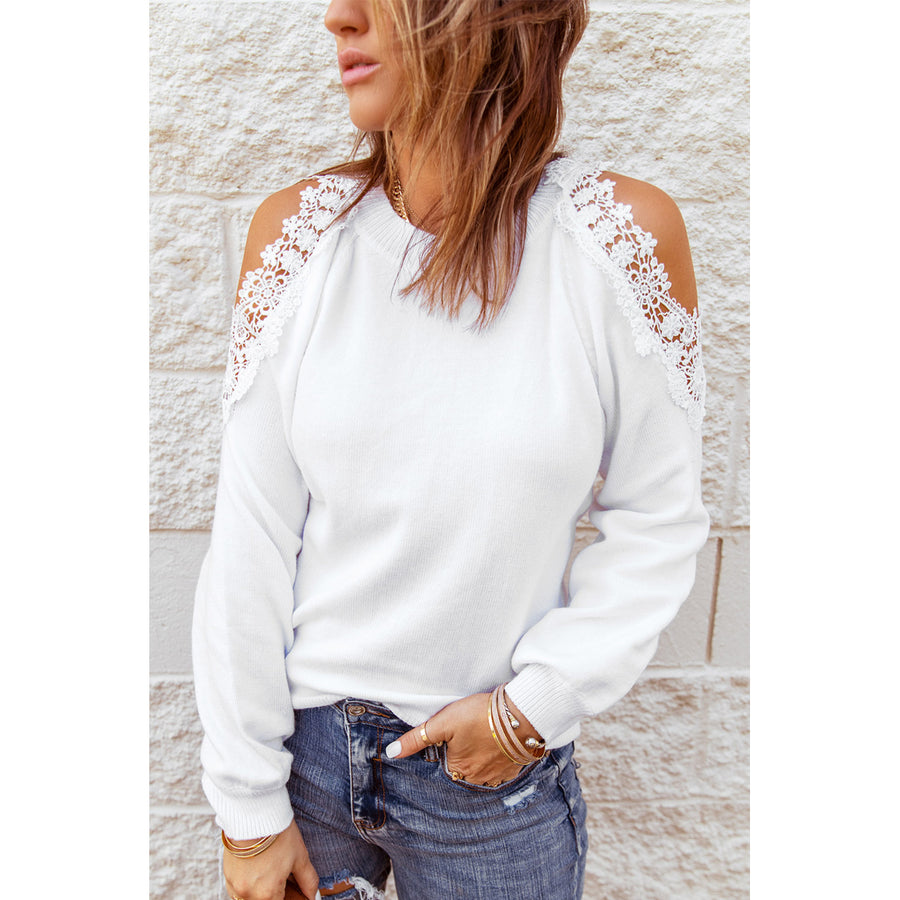 Womens White Round Neck Lace Splicing Cold Shoulder Sweater Image 1