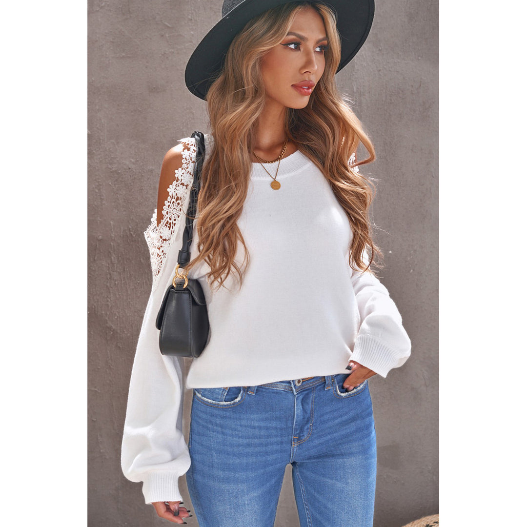 Womens White Round Neck Lace Splicing Cold Shoulder Sweater Image 3