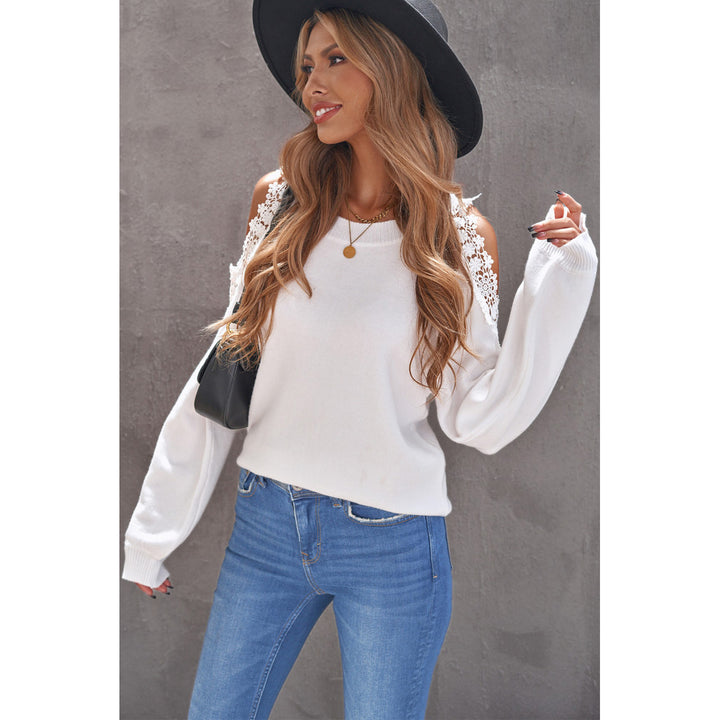Womens White Round Neck Lace Splicing Cold Shoulder Sweater Image 6
