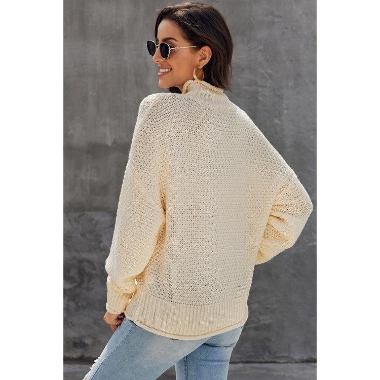 Womens Beige Oversized Chunky Batwing Long Sleeve Turtleneck Sweater Image 2