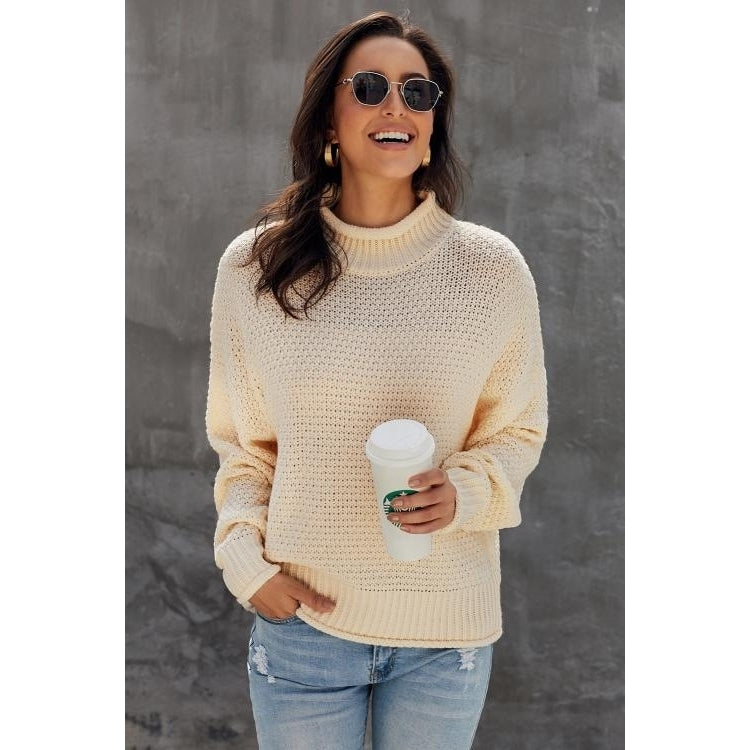 Womens Beige Oversized Chunky Batwing Long Sleeve Turtleneck Sweater Image 1