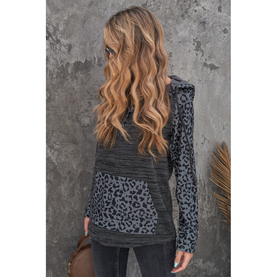 Womens Color Block Leopard Long Sleeves Black Hoodie Image 1