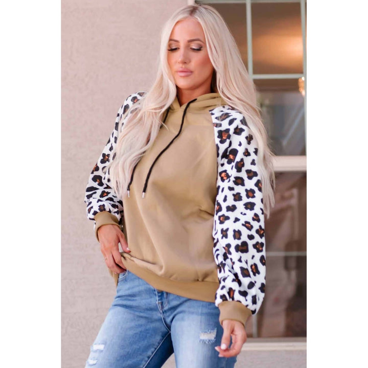 Womens Khaki Leopard Bishop Sleeve Hooded Sweatshirt Image 3