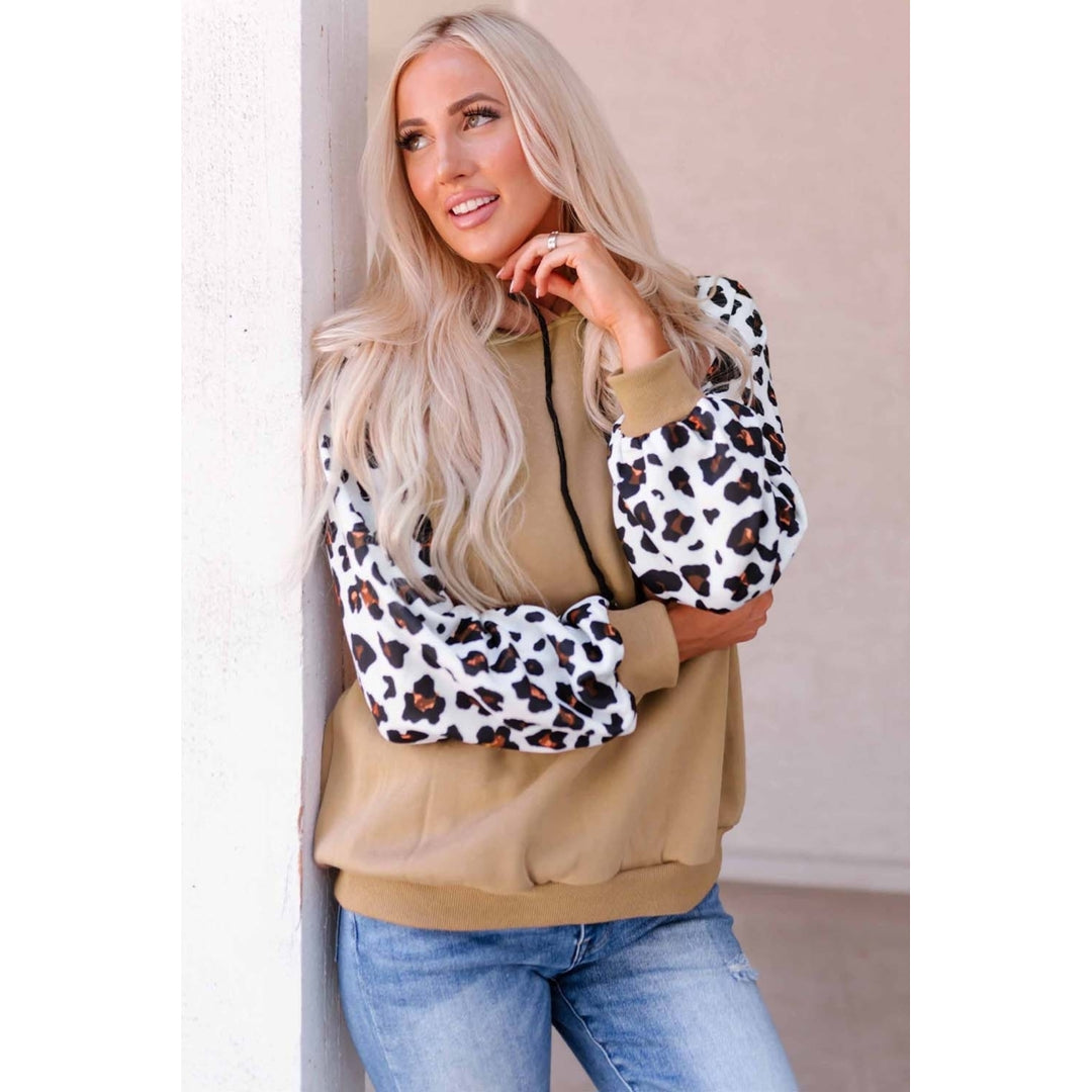 Womens Khaki Leopard Bishop Sleeve Hooded Sweatshirt Image 6