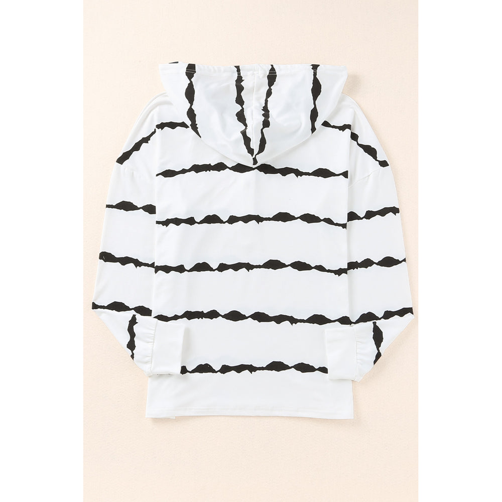 Womens White Striped Drawstring Button Long Sleeve Hoodie Image 2