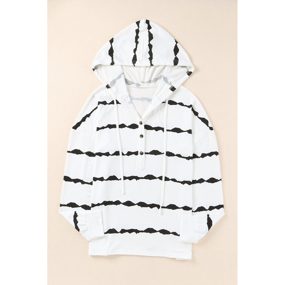 Womens White Striped Drawstring Button Long Sleeve Hoodie Image 9