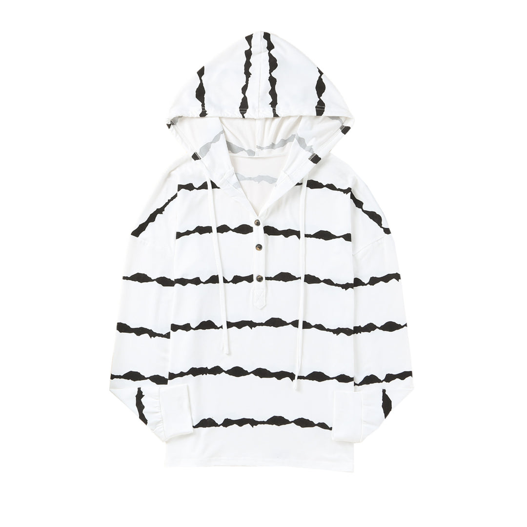 Womens White Striped Drawstring Button Long Sleeve Hoodie Image 10
