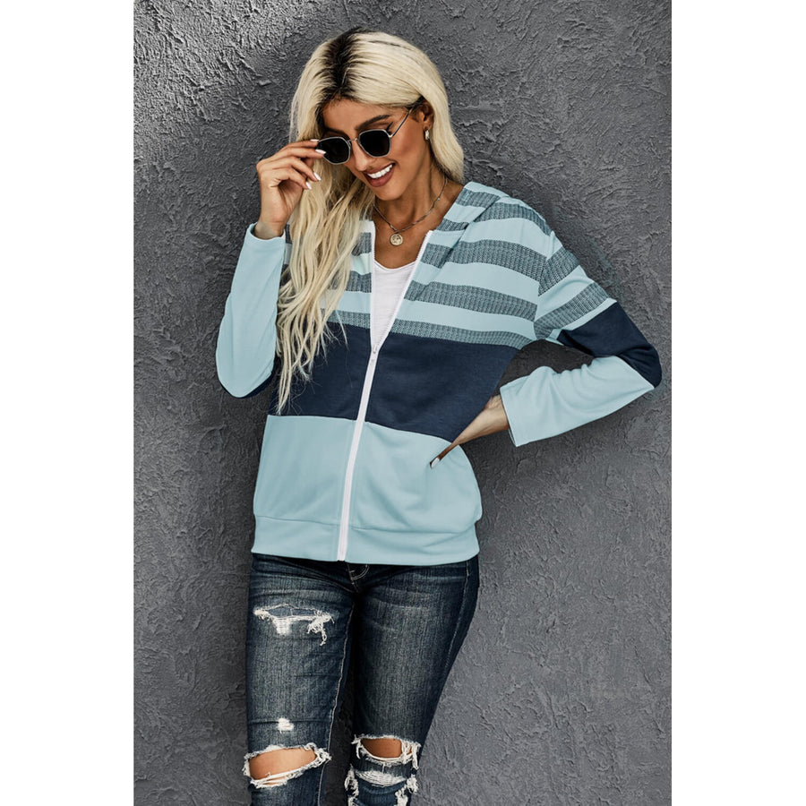 Womens Green Striped Color Block Drawstring Zip Front Hoodie Image 1