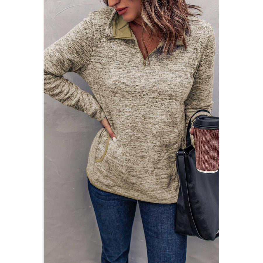 Womens Khaki Quarter Zip Pullover Sweatshirt Image 1
