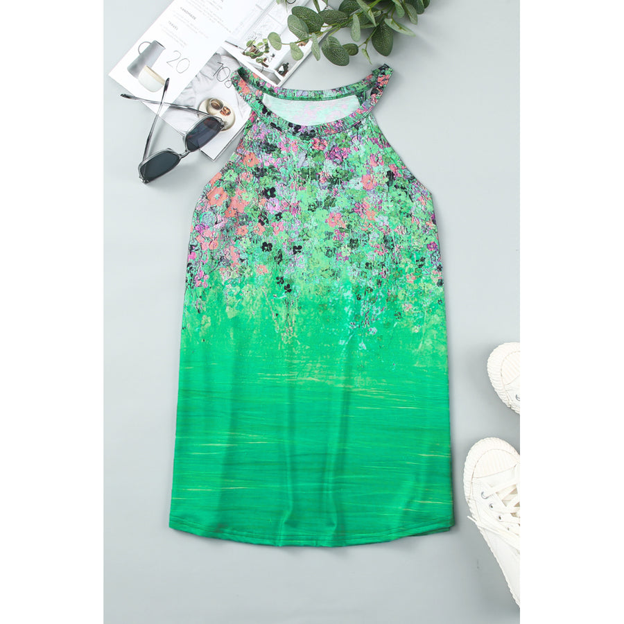 Womens Green Floral Print Halter Neck Tank Top Image 1