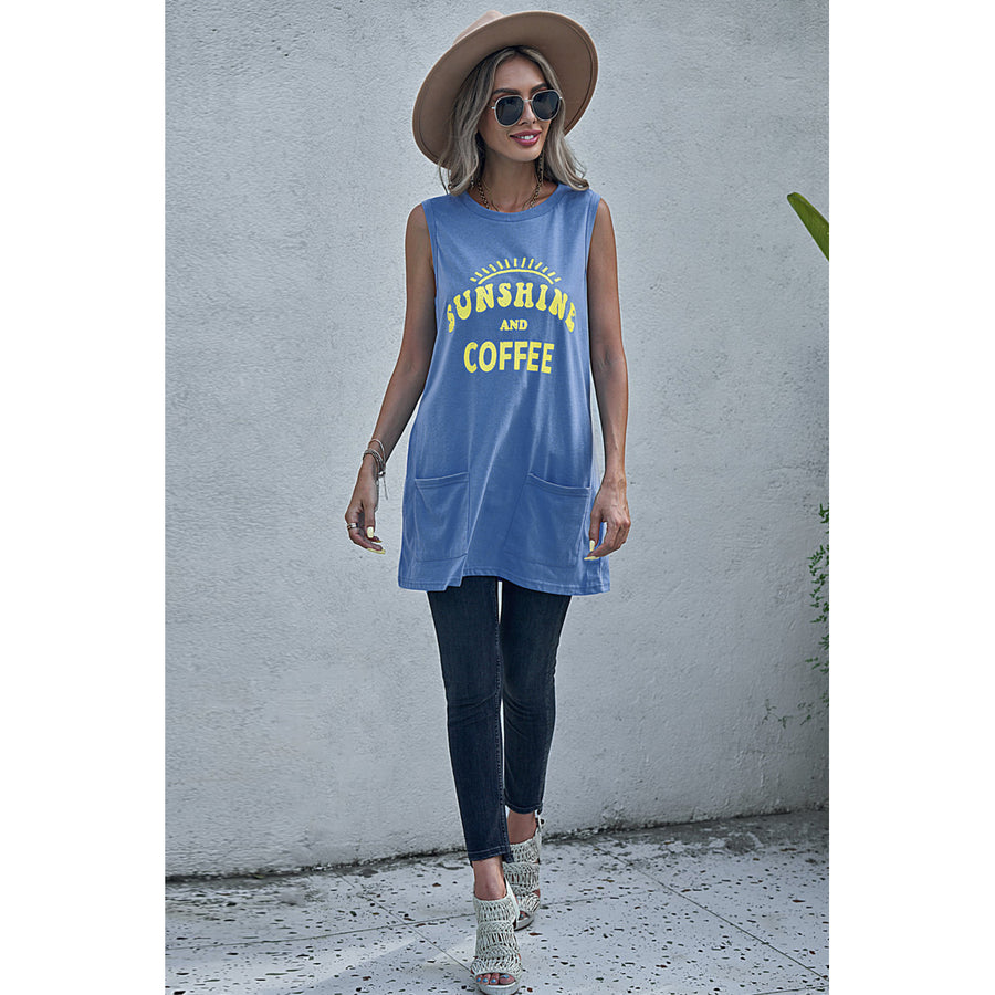 Womens Sky Blue SUNSHINE AND COFFEE Letters Graphic Tank with Pockets Image 1