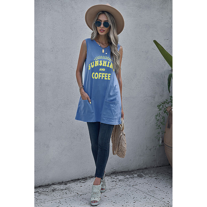 Womens Sky Blue SUNSHINE AND COFFEE Letters Graphic Tank with Pockets Image 3