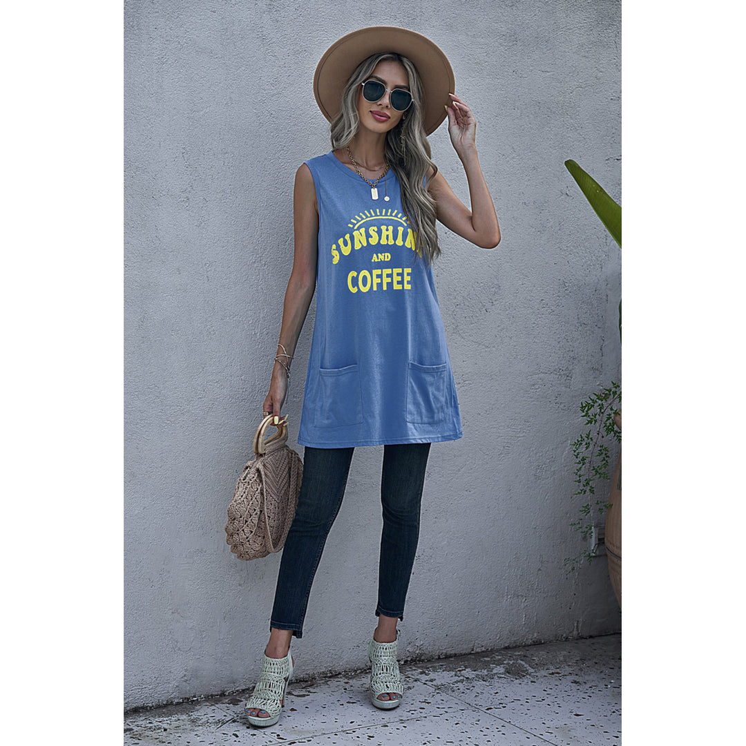 Womens Sky Blue SUNSHINE AND COFFEE Letters Graphic Tank with Pockets Image 4
