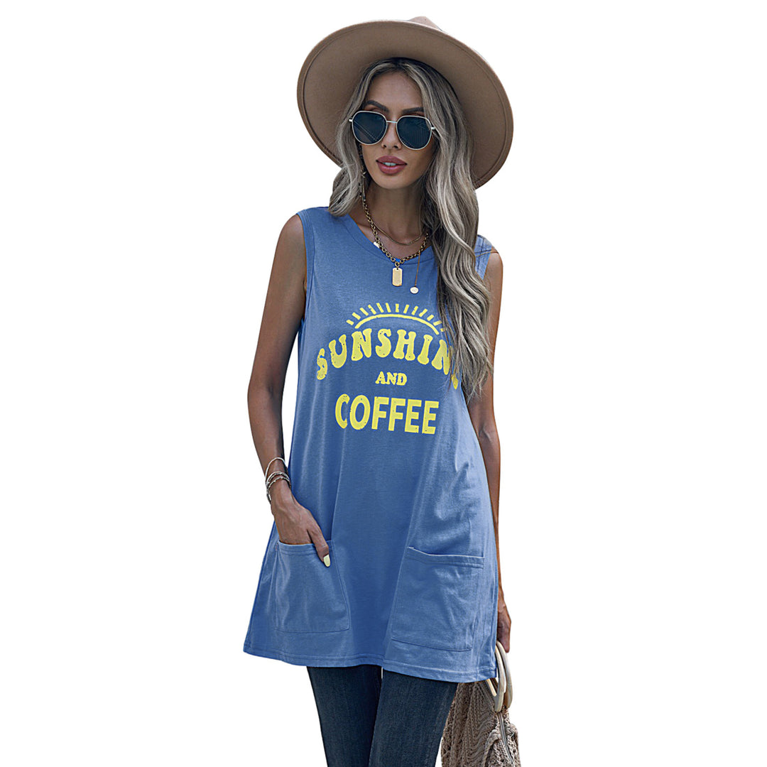 Womens Sky Blue SUNSHINE AND COFFEE Letters Graphic Tank with Pockets Image 6