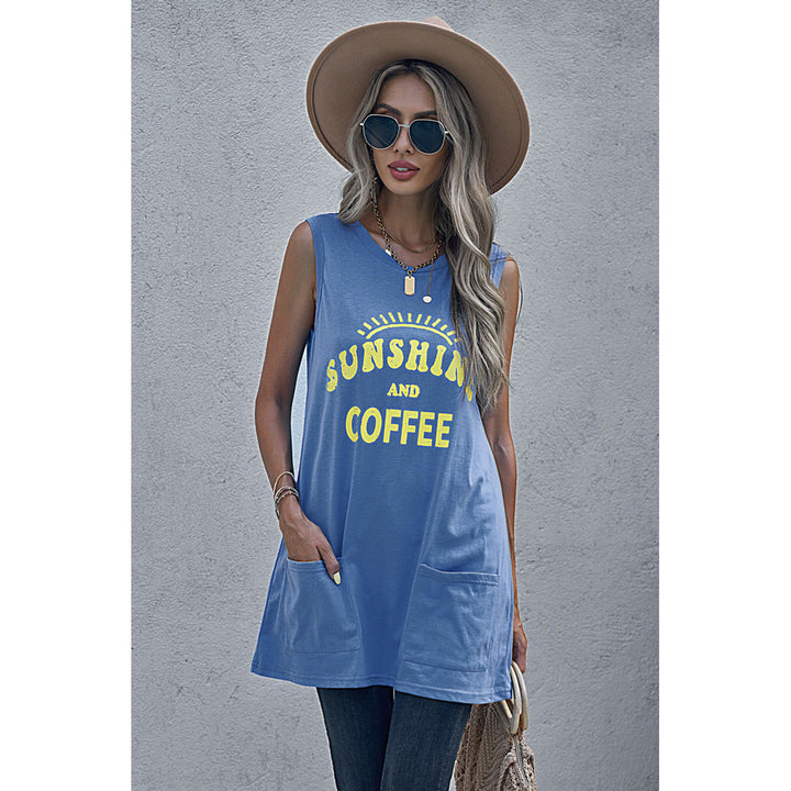 Womens Sky Blue SUNSHINE AND COFFEE Letters Graphic Tank with Pockets Image 7